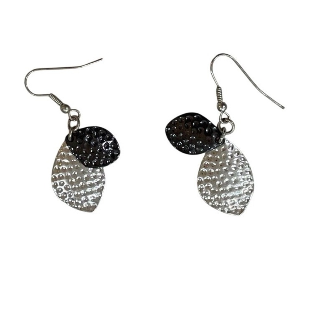 Silver Tone Hammered Mixed Texture Leaf Dangle Earrings Fishhook Two Tone Gift